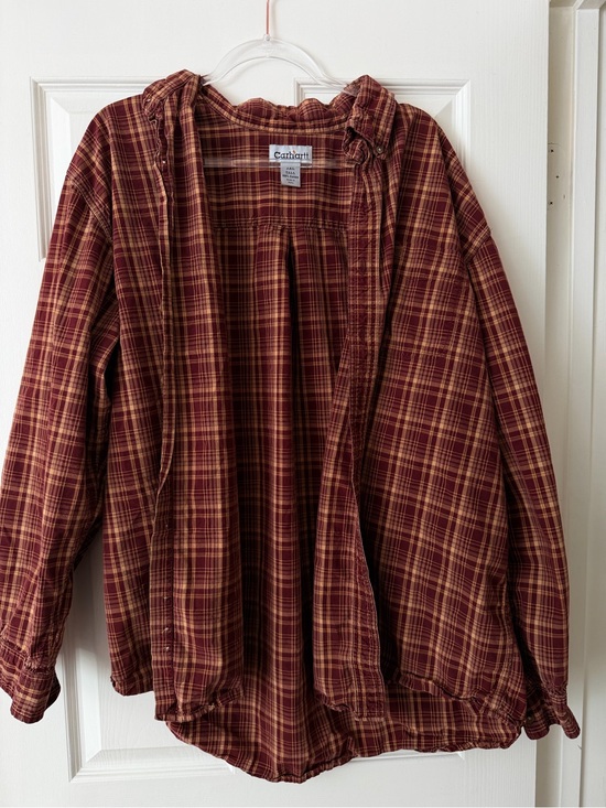 Carhartt Other - Carhartt 2XL Tall Plaid Button Down Shirt Burgundy Tan 100% Cotton Workwear